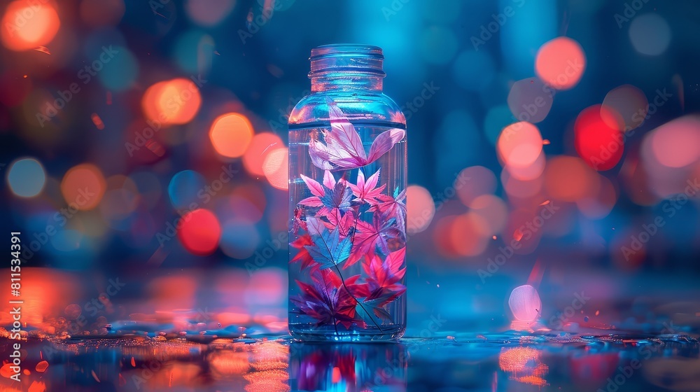 The photo shows a beautiful flower inside a glass bottle with a blurred background of colorful lights. The photo shows a beautiful flower inside a glass bottle with a blurred background of colorful lights.