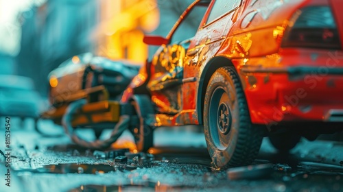 Close-up Tow truck loading damaged vehicle on side of road  AI generated image