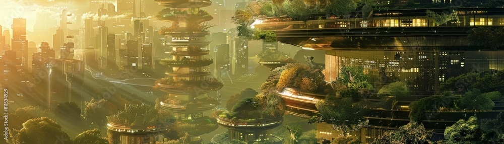 concept illustration of the future with futuristic buildings and vertical gardens