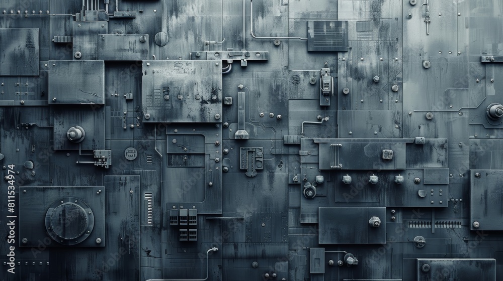 The image is a dark metal wall with a lot of rivets and other metal objects. It looks like the inside of a spaceship or a robot. The image is a dark metal wall with a lot of rivets and other metal objects. It looks like the inside of a spaceship or a robot.