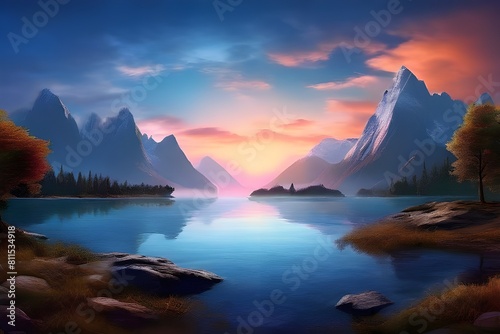 Beautiful Landscape Natural Peaceful Background Image with hill, river, sky, trees, sun and mountain © Designer Reshma