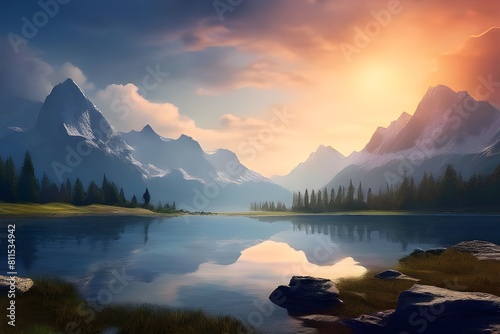Beautiful Landscape Natural Peaceful Background Image with hill  river  sky  trees  sun and mountain