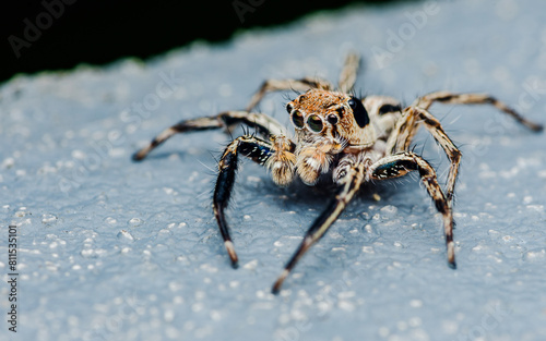 Close up a colorful jumping spider on cement floor, Selective focus, macro shot, Thailand. © NuayLub