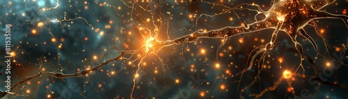The image is a glowing network of orange and yellow lights against a dark blue background. It resembles a microscopic view of a neural network or a glowing circuit board.