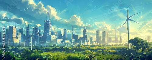 conceptual illustration of the future with futuristic buildings and renewable energy sources photo