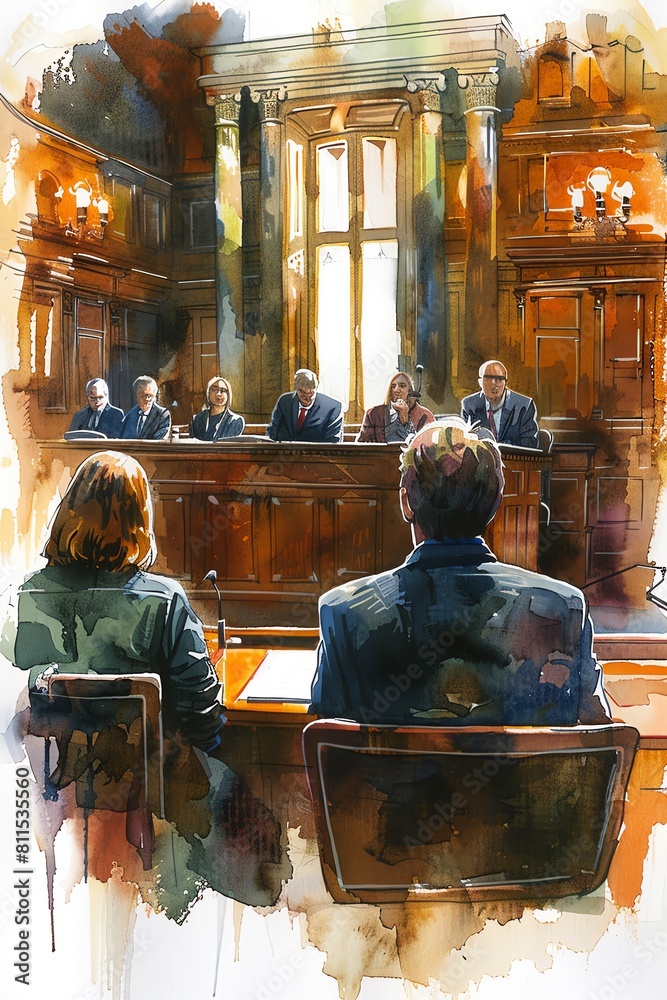 A lawyer is sitting in a courtroom, facing the judge A lawyer is sitting in a courtroom, facing the judge