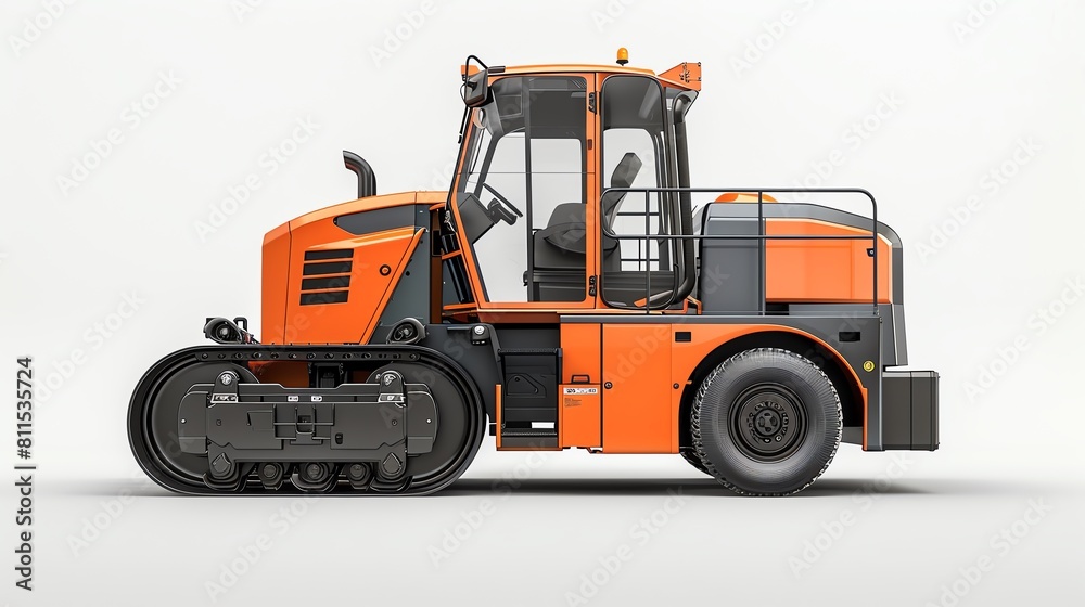 Side profile of a modern road roller, highlighting sleek design and clean lines, boldly isolated on a stark white canvas Side profile of a modern road roller, highlighting sleek design and clean lines, boldly isolated on a stark white canvas