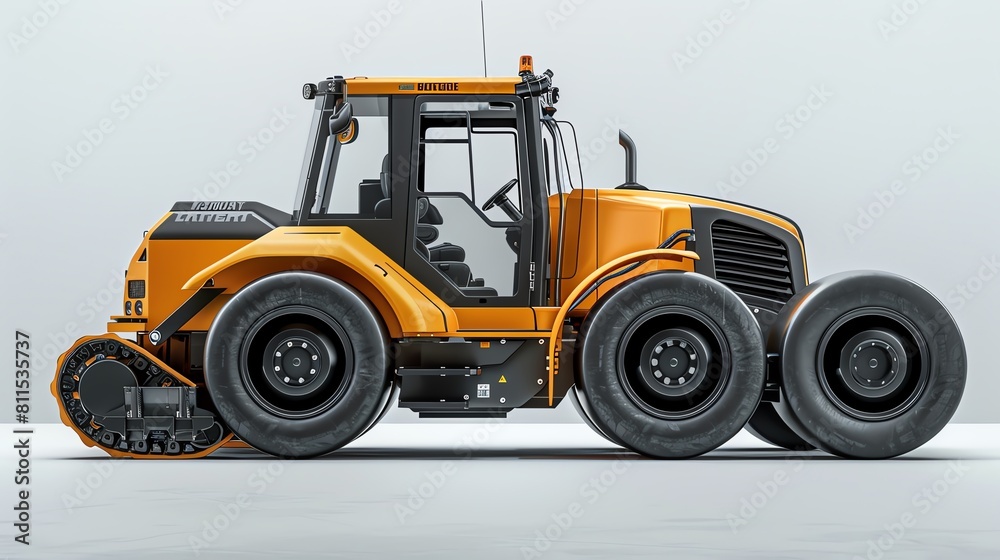 Side profile of a modern road roller, highlighting sleek design and clean lines, boldly isolated on a stark white canvas Side profile of a modern road roller, highlighting sleek design and clean lines, boldly isolated on a stark white canvas