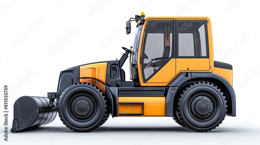 Side profile of a modern road roller, highlighting sleek design and clean lines, boldly isolated on a stark white canvas