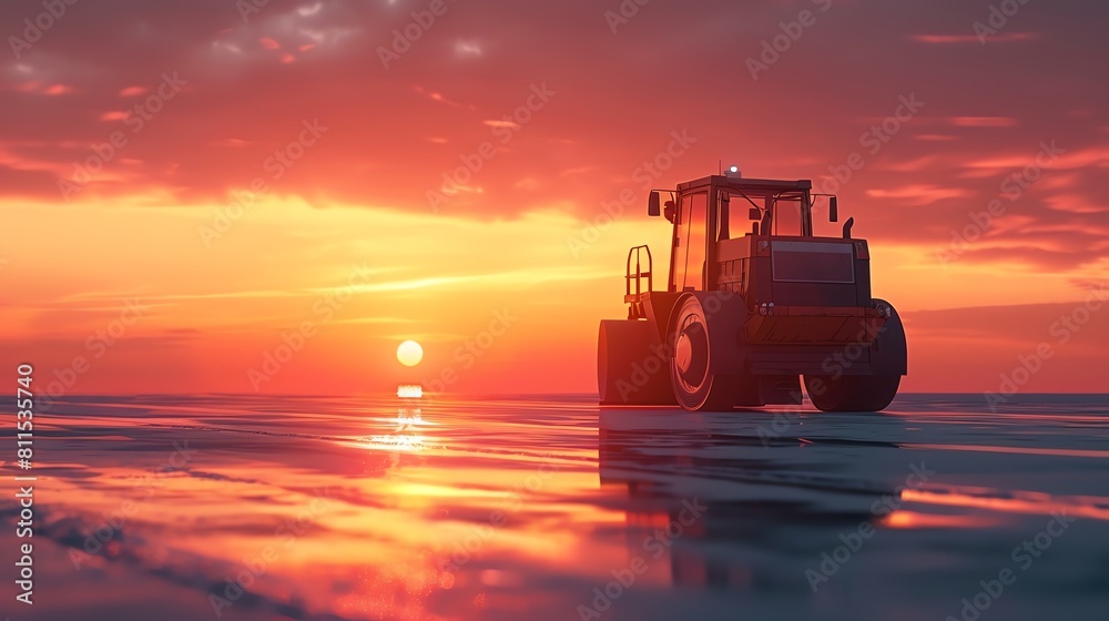 Silhouette of a road roller with a dramatic sunset background digitally imposed to contrast with the stark white foreground