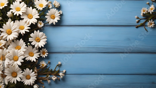 Wood background with white Daisies around the border, white space with flowers around the border © Graphic ELE