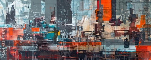 conceptual painting of a cityscape with nanoscale construction bots