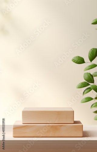 3D rendering of a wooden podium with a plant on the right side