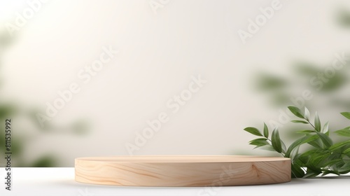 3d rendering of a wooden podium with blurred foliage in the background