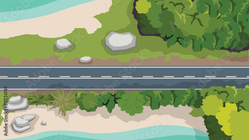 Above view of empty asphalt road path. Cutting through a natural forest area. There are sea beaches on both sides.