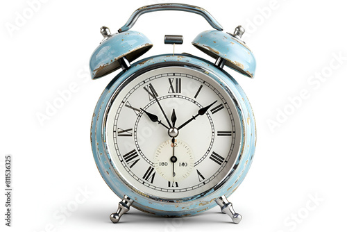 Classic Alarm Clock on White Background,
Close up of a retro black alarm clock with no hands to set your own time
