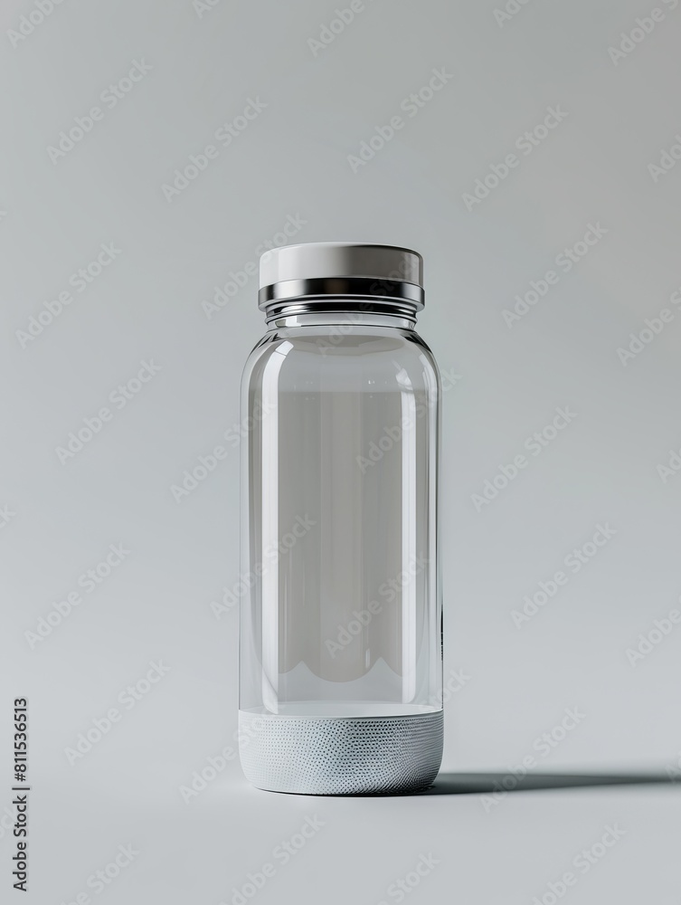A clear glass jar with a lid on a gray surface. A clear glass jar with a lid on a gray surface.