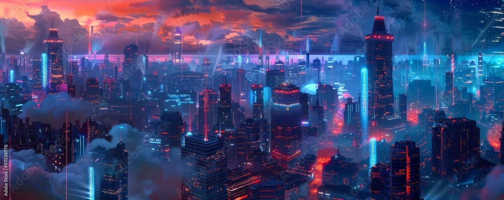 digital art depicting a cityscape with mind - upload facilities, featuring a towering skyscraper, a bustling street, and a serene river flowing through the center digital art depicting a cityscape with mind - upload facilities, featuring a towering skyscraper, a bustling street, and a serene river flowing through the center