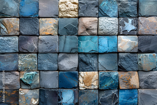 Collage Image Photo of Wallpaper Blue Color Mosa ,
A heavily distressed sky blue brick wall exhibiting extensive cracking chipping and peeling of paint layers creating an abstract textured surface
