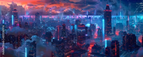 digital art depicting a cityscape with mind - upload facilities, featuring a towering skyscraper, a bustling street, and a serene river flowing through the center © YOGI C