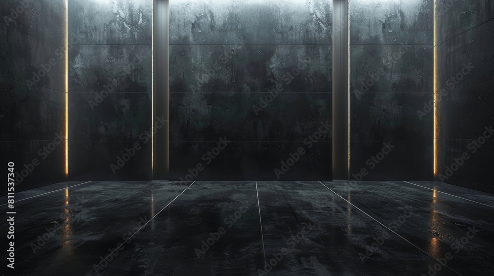 The image shows a dark, futuristic room with concrete walls and a glowing yellow line on the floor. The image shows a dark, futuristic room with concrete walls and a glowing yellow line on the floor.