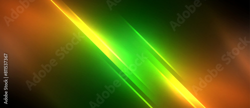 Visual effect lighting showcasing a vibrant display of green, yellow, and orange light beams against a black background, creating a captivating neon art installation at an event