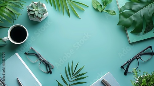 The image shows a desk with a cup of coffee, a notebook, a pen, and some plants
