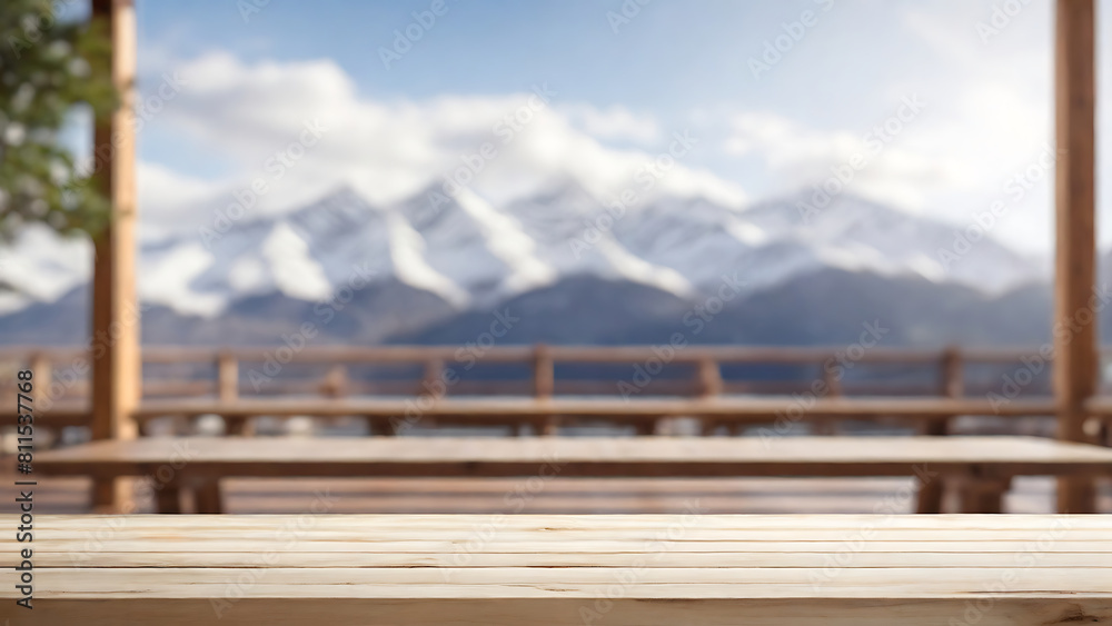 Christmas Blurred Wooden Terrace with White mountain background, blurred christmas background for product presentation