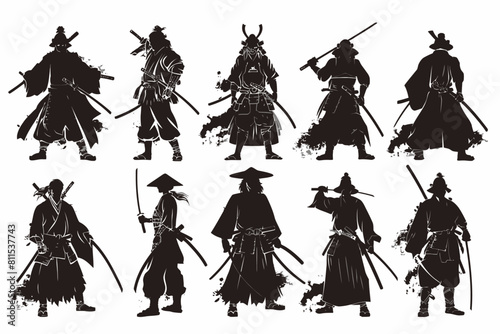 Set Of Silhouette Samurai With Katana