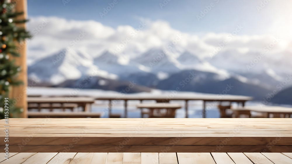 Christmas Blurred Wooden Terrace with White mountain background, blurred christmas background for product presentation