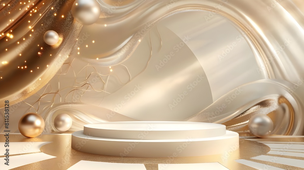 Product display podium with golden curve line element and decoration with  glitter light effect luxury background.