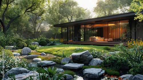 A sleek, prefab house with a modular design and a low-maintenance lawn with native plants and rock gardens photo
