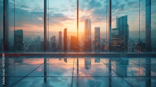 The photo shows a modern office interior with a large glass window looking out over a cityscape at sunset.