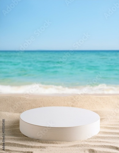 summer with a minimalist backdrop  an empty podium bathed in soft sunlight  offering for presenting cosmetic products in a mock-up  empty plate on the beach
