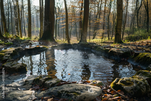 beautiful hot spring in the woods  relaxing scene with a serene atmosphere and a warm sunny day  Recovery break