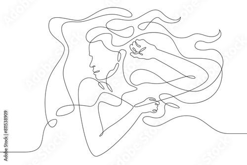 One continuous line.A woman sleeps under a blanket. The girl fell asleep on the pillow. Female character is napping in bed.Continuous line drawing.Lineart isolated white background.