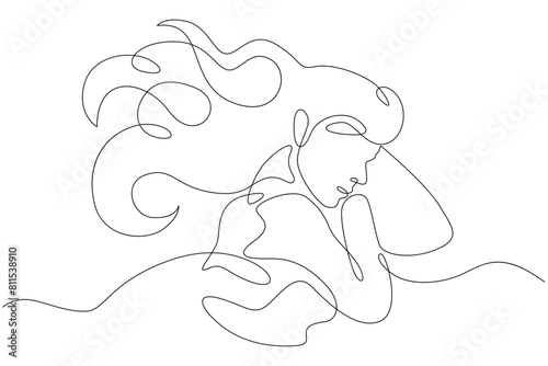 One continuous line.A woman sleeps under a blanket. The girl fell asleep on the pillow. Female character is napping in bed.Continuous line drawing.Lineart isolated white background.