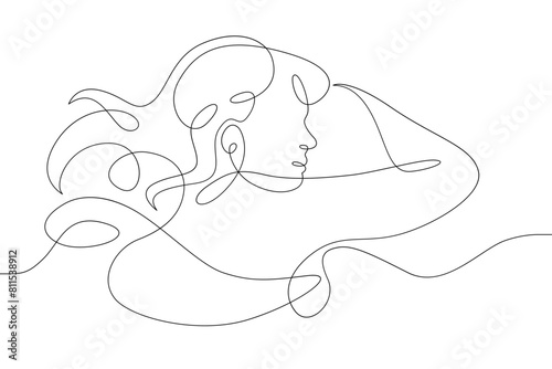 One continuous line.A woman sleeps under a blanket. The girl fell asleep on the pillow. Female character is napping in bed.Continuous line drawing.Lineart isolated white background.