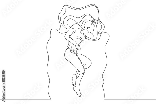One continuous line.A woman sleeps under a blanket. The girl fell asleep on the pillow. Female character is napping in bed.Continuous line drawing.Lineart isolated white background.