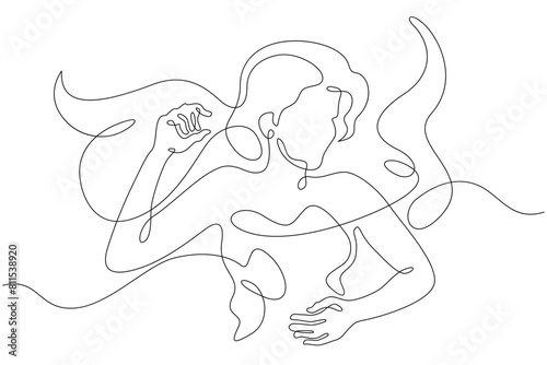 One continuous line.A woman sleeps under a blanket. The girl fell asleep on the pillow. Female character is napping in bed.Continuous line drawing.Lineart isolated white background.