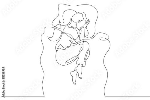 One continuous line.A woman sleeps under a blanket. The girl fell asleep on the pillow. Female character is napping in bed.Continuous line drawing.Lineart isolated white background.