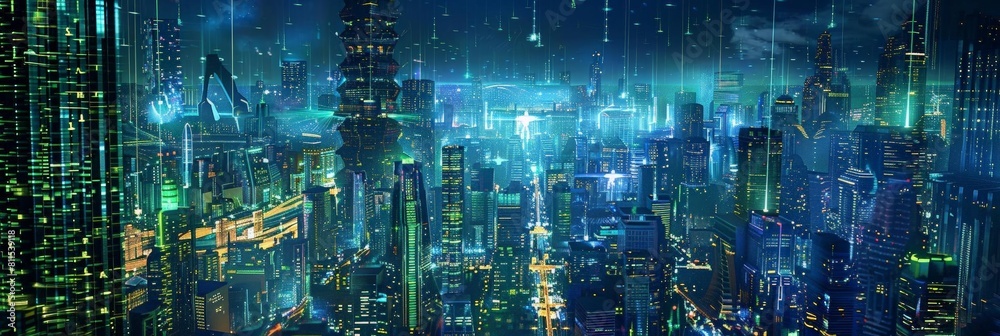 digital artwork showing a bioluminescent cityscape with organic architecture