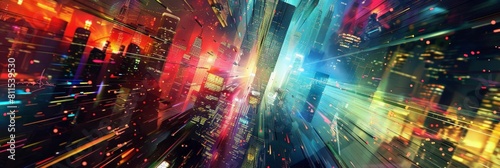 digital artwork showing a metropolis with quantum tunneling transits
