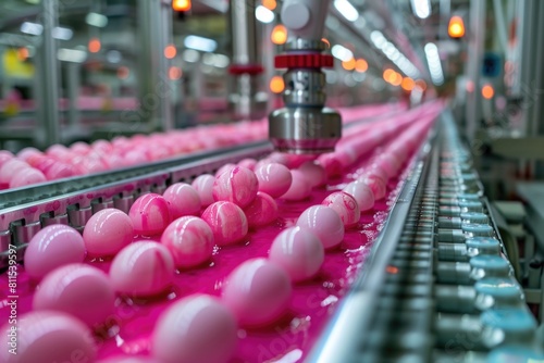 Easter eggs journey through a paint station, splashed with pink on a factory line. The image captures the blend of industrial precision and the festive tradition of Easter egg painting. © P