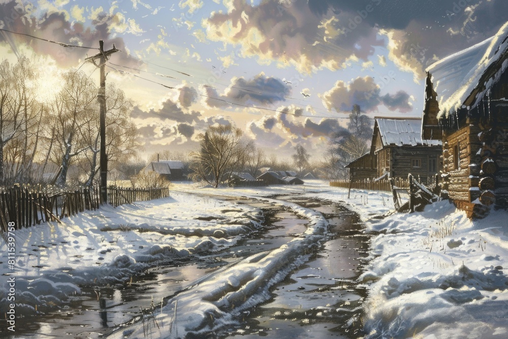 Fototapeta premium Winter landscape with traditional wooden house, snow-covered terrain, and partially frozen river with reeds