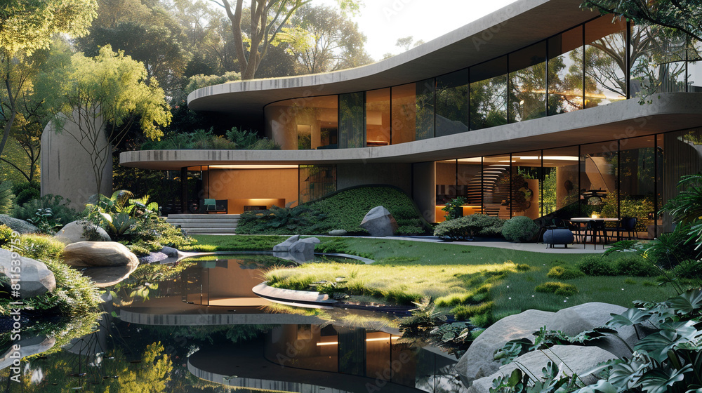 A sleek, ultra-modern house with a curved facade and a lush green lawn with a reflecting pool and minimalist landscaping