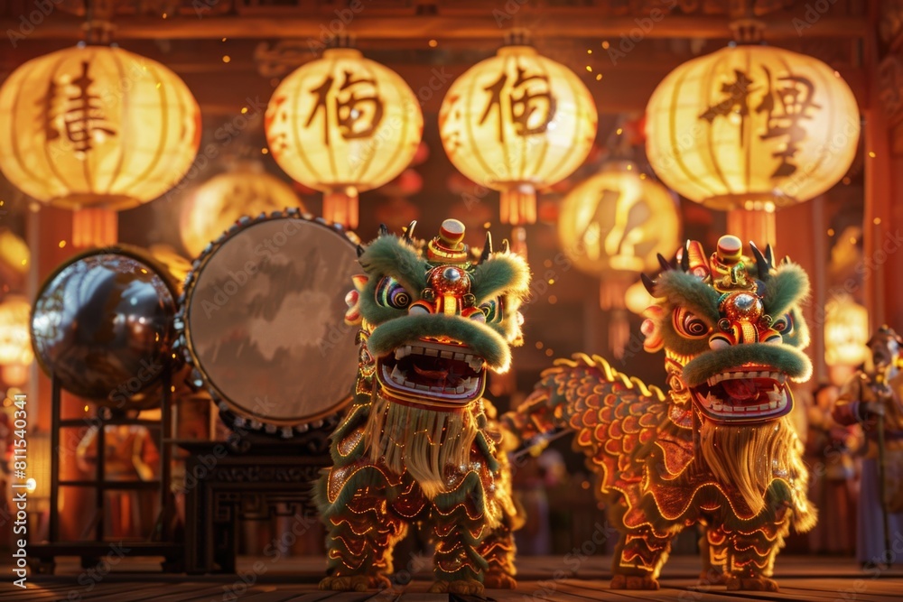 Fototapeta premium Dragon Festival Celebration with Intricate Costumes and Traditional Instruments on Wooden Backdrop