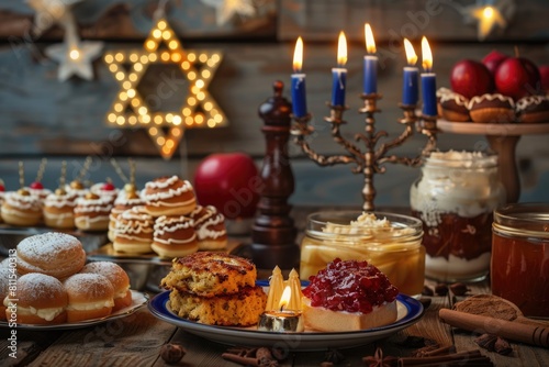 Hanukkah celebration with menorah  dreidels  and traditional foods on a warm wooden background