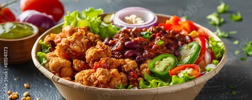 Irresistible crispy chicken, freshly prepared and still warm, incredibly appetizing, with sliced onions, sliced chilies, sliced peppers, and sliced tomatoes, served on a wooden pl