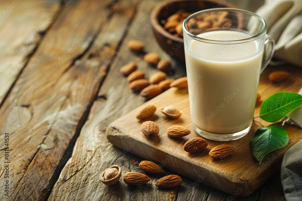 Almond milk and nuts on a wooden cutting board. Almond milk and nuts on a wooden cutting board.